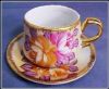 LIMOGES Tea Cup and Saucer Deep Pink & Golden Yellow Tea Roses & Gold Gilt Pattern: Old Chinese Hand Painted Roses