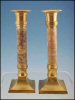 Pair Vintage Italian Marble Column & Brass 7.5" Candlesticks Chambersticks Azzuro Blue & Rosa Pink Rose Salmon Marble A1057