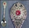 Silver Plate Souvenir Collectible Demitasse Spoon RUBY BIRTHSTONE FLOWER SETTING July