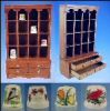 Wood 16 Thimble Display Case Cabinet & Four China Thimbles Collection