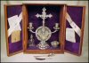 Antique ANCHOR SILVER PLATE CO. Quadruple Silverplate Catholic Sick-Call Outfit / Last Rites Oak Alter Box A1618