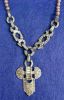 Vintage Rhinestone *Diamond & Pearl* Bead Silver Tone Cross Necklace A2573