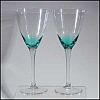 Vintage Pair Crystal Teal Blue Green Bowl Clear Stem Wine Water Goblet Stemware