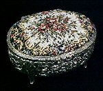 Vintage Footed OVAL Silverplate Repousse & PETIT POINT / NEEDLEPOINT Jewelry / JEWEL Box  Casket with Mirror