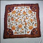 Vintage 100% Chinese Silk Scarf QIANTAIXIANG SILK Peony Flowers Brown, Orange, Peach, Green & Burgundy