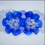 Vintage Cobalt Blue Double Serving Bowl Ruffled Edges, Molded & Frosted Tulip & Carnation Flowers & Leaves