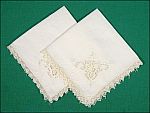 Pair Creamy White Cotton Linen Embroidered Ladies Hankies with Lace Edges
